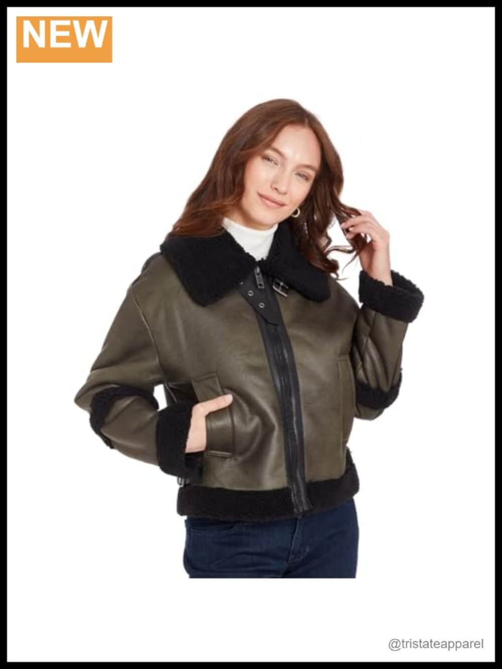 Faux Shearling Bomber Jacket Zip Front Faux Leather Trim Women's